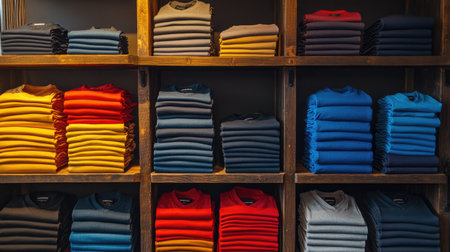 Neatly folded t-shirts in multiple colors, stacked on shelves with soft lighting highlighting textures and clean arrangementの素材