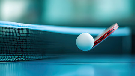 Side angle shot of a paddle hitting a white table tennis ball mid-air, with motion blur and net visible in backgroundの素材