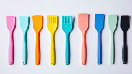 Set of colorful silicone kitchen spatulas arranged side by side on a white backgroundの素材