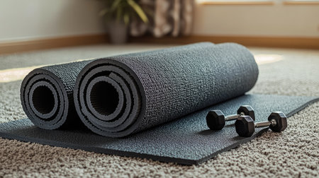 Rolled yoga mat with dumbbells placed beside it, ready for a home workout session on carpet flooringの素材