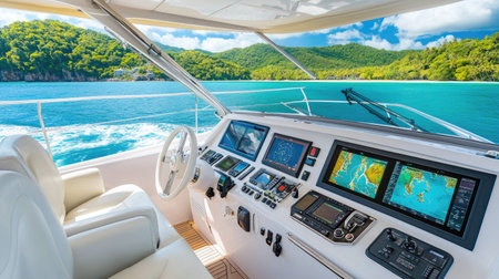 Sunlit yacht control station with a glossy white steering wheel, GPS screens, and view of tropical islands aheadの素材