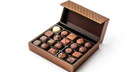 Premium Dubai chocolate gift box opened with assorted pieces inside, isolated on a bright white background for luxury product presentationの素材