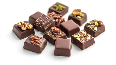 Selection of handcrafted Dubai chocolate pieces with nuts and dates, beautifully arranged on a pure white background, representing fusion flavorsの素材