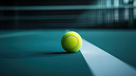 Tennis ball on indoor court floor with visible white boundary lines, focusing on details and sports precisionの素材