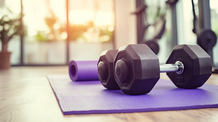 Pair of black dumbbells resting on a rolled-out purple yoga mat placed on a wooden floor in a bright fitness studioの素材