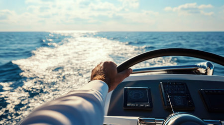 Hands of a captain firmly holding a contemporary yacht steering wheel, horizon line and sparkling ocean water visible aheadの素材