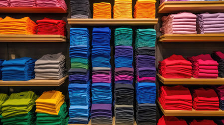 Rows of colorful t-shirts folded perfectly on shelves, creating a clean, vibrant, and inviting store layoutの素材