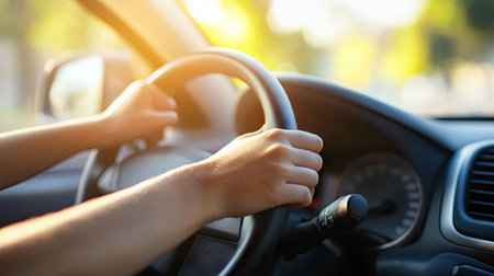 Woman's hands on a modern car steering wheel, sunlight streaming through the windshield, soft focus on the backgroundの素材