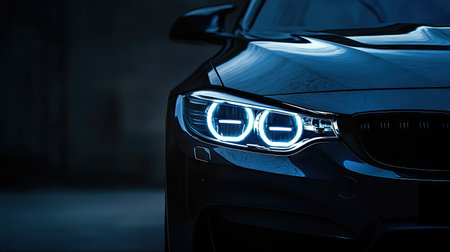 Elegant sedan headlights with white LED daytime running lights glowing in a moody, dark environmentの素材