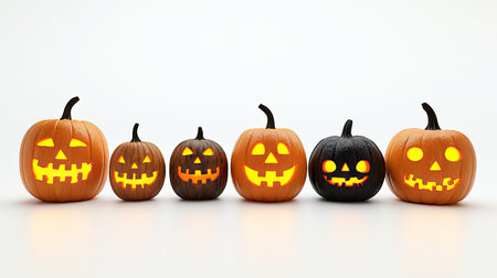 Multiple jack-o'-lanterns with different expressions, glowing from within, perfectly isolated on whiteの素材