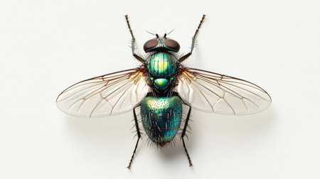 Green bottle fly captured from above, spread wings showing intricate venation, resting on neutral background for scientific detailの素材