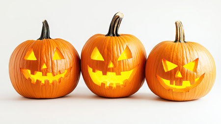 Group of Halloween pumpkins with scary expressions, lit from within, isolated on pure whiteの素材