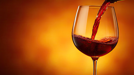 Elegant pour of red wine into a half-filled glass, warm orange background creating a rich, inviting moodの素材
