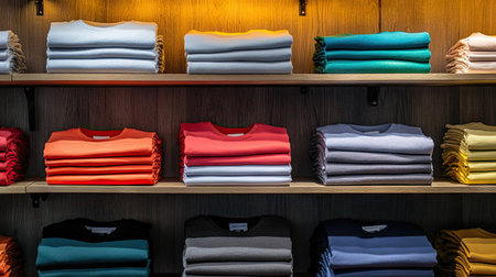 Neatly folded t-shirts in multiple colors, stacked on shelves with soft lighting highlighting textures and clean arrangementの素材
