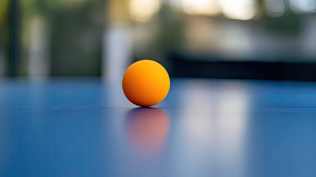 Orange table tennis ball balanced on the edge of a black rubber paddle, with blue table surface in focusの素材