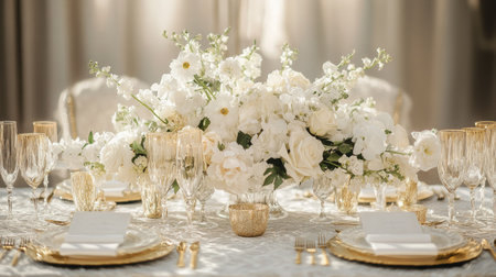 Elegant wedding table setup with crystal glassware, gold cutlery, and white floral centerpiece on luxurious tablecloth, isolated in soft ambient lightingの素材