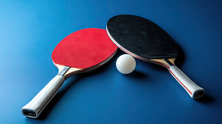 Red and black table tennis paddles crossed with a white ball in between, on a blue table surfaceの素材
