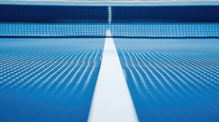 Close-up of the edge of a blue ping-pong table with net in place, white boundary line leading into the distanceの素材
