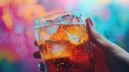 A close-up of a hand holding a glass of beer with ice, condensation dripping off the glass, with a vibrant and fresh backgroundの素材