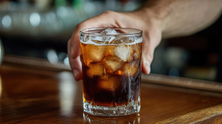 A close-up of a hand holding a chilled glass of beer with ice, the frosty drink placed on a wooden bar counter ready for sippingの素材