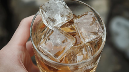 A close-up of a hand holding a glass of beer with large ice cubes inside, the ice making the beer look refreshing and cold on a hot dayの素材