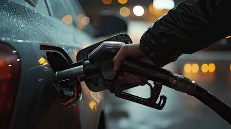 A close-up of a hand inserting the nozzle into a car's fuel tank, with the focus on the nozzle and fuel meter while the background is blurredの素材