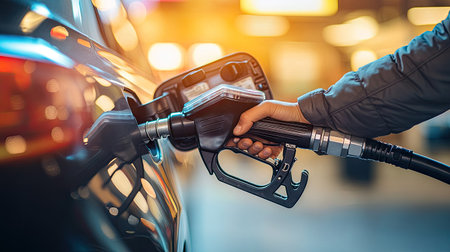 A close-up of a hand tightly holding the fuel nozzle as fuel pours into the car's tank, with the gas station clearly illuminated in the backgroundの素材