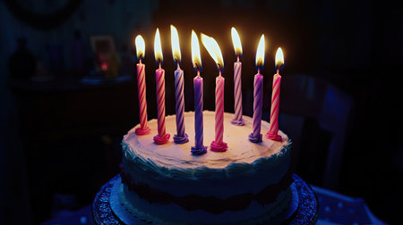 A close-up of a single-layer vanilla cake with vibrant striped candles, the flames glowing brightly in a darkened roomの素材