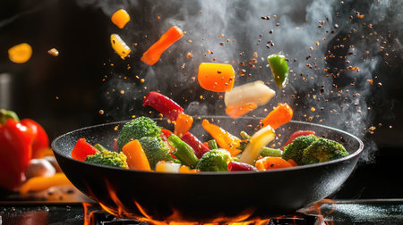 A wok pan tossing vibrant vegetables like bell peppers, broccoli, and carrots in mid-air, with flames rising dramatically in the backgroundの素材