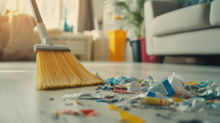 A close-up of a plastic broom sweeping scattered trash on a light-colored floor, with a focus on the bristles in actionの素材