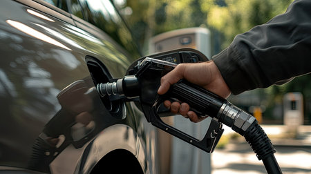 A close-up of a hand pressing the trigger on a fuel pump nozzle, with the car's fuel door open and the station clearly visible in the backgroundの素材