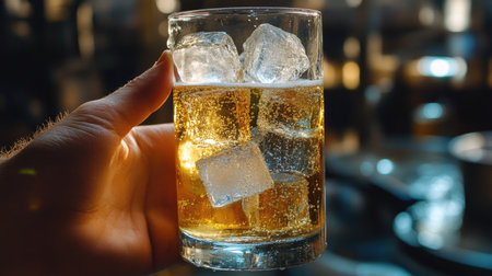 A close-up of a hand holding a tall glass of beer with large ice cubes inside, the glass shimmering from the cold condensationの素材