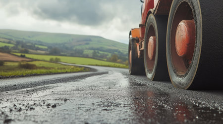 A close-up of a road roller smoothing fresh asphalt on a rural road, with rolling green hills in the backgroundの素材