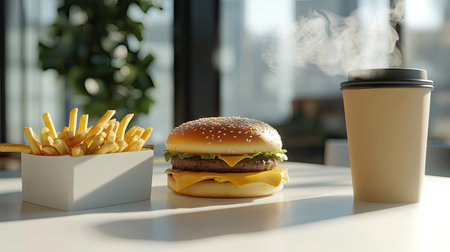 A juicy cheeseburger, crispy fries, and a steaming coffee cup, styled with eco-conscious cardboard packaging on a white surfaceの素材