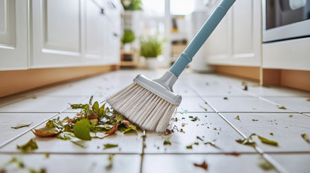 A close-up of a plastic broom brushing leaves and small debris from a tiled floor in a bright, modern kitchenの素材