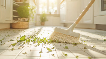 A close-up of a plastic broom brushing leaves and small debris from a tiled floor in a bright, modern kitchenの素材