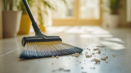 A close-up shot of a plastic broom sweeping trash from a light-colored floor, with the broom's bristles capturing the motionの素材