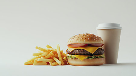 A juicy hamburger with melted cheese, golden fries, and a paper coffee cup with a lid, isolated against a bright white backgroundの素材