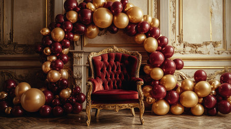 A lavish setup of burgundy and gold balloons arranged in a spiral design around a luxurious velvet chair for a regal photoshootの素材