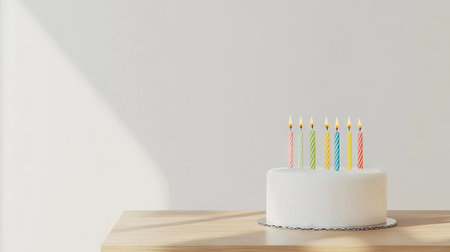 A minimalist white birthday cake with bold primary-colored candles, placed on a wooden table with a clean white backgroundの素材