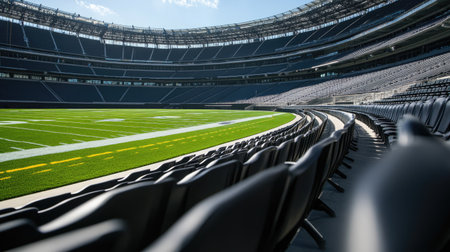 A close-up of the rows of empty seats in a stadium, with focus on the clean, bright-colored seats and the field visible beyondの素材