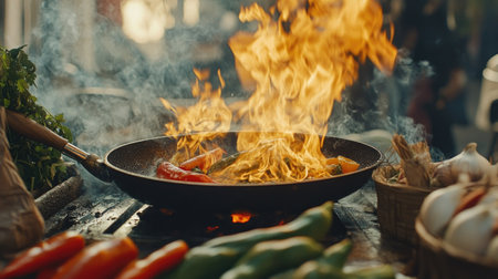 A close-up of flames dancing around a frying pan on a street-side setup, with fresh vegetables and spices in the foregroundの素材