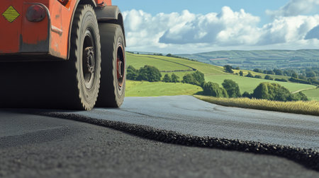 A close-up of a road roller smoothing fresh asphalt on a rural road, with rolling green hills in the backgroundの素材