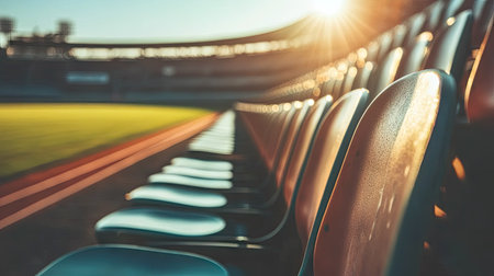 A close-up of rows of empty stadium seating, with the focus on the clean, empty seats leading towards the field under bright sunlightの素材