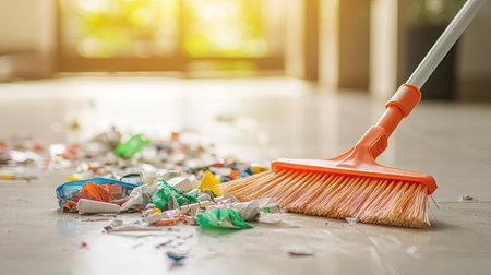 A close-up of a plastic broom sweeping scattered trash on a light-colored floor, with a focus on the bristles in actionの素材