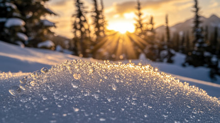 A close-up of sparkling snow crystals on a smooth snow drift, glowing under soft golden morning light with blurred evergreen trees in the backgroundの素材