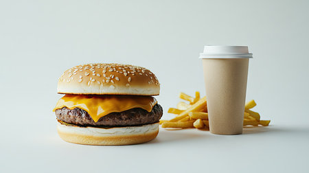 A juicy hamburger with melted cheese, golden fries, and a paper coffee cup with a lid, isolated against a bright white backgroundの素材