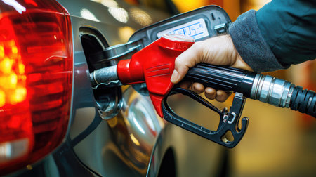 A close-up of a hand inserting the nozzle into a car's fuel tank, with the focus on the nozzle and fuel meter while the background is blurredの素材