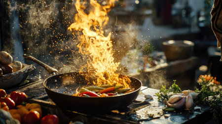 A close-up of flames dancing around a frying pan on a street-side setup, with fresh vegetables and spices in the foregroundの素材