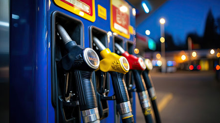 A close-up shot of gas pumps lit by bright lights at night, with the illuminated station sign in the backgroundの素材